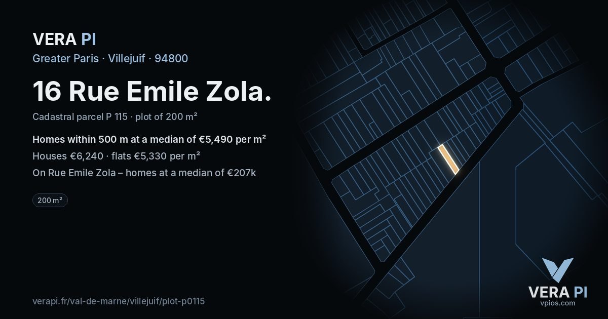 16 Rue Emile Zola, Villejuif at night – the plot lit, the parcels around coloured by the prices near them