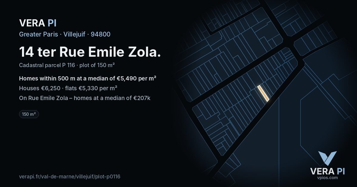 14 ter Rue Emile Zola, Villejuif at night – the plot lit, the parcels around coloured by the prices near them