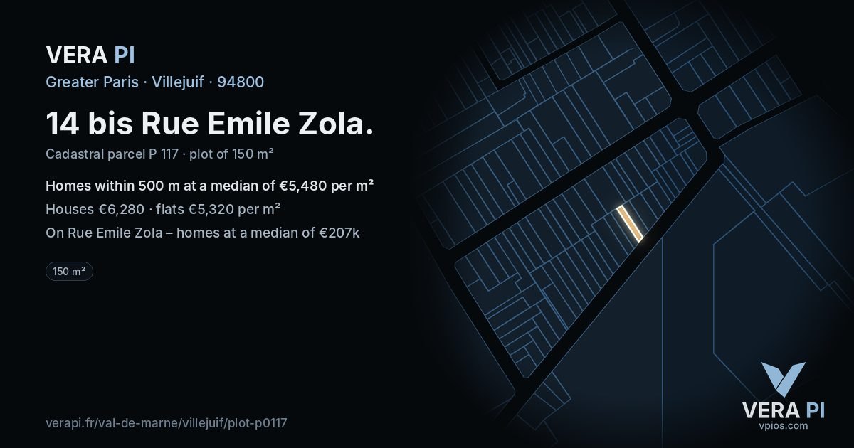 14 bis Rue Emile Zola, Villejuif at night – the plot lit, the parcels around coloured by the prices near them