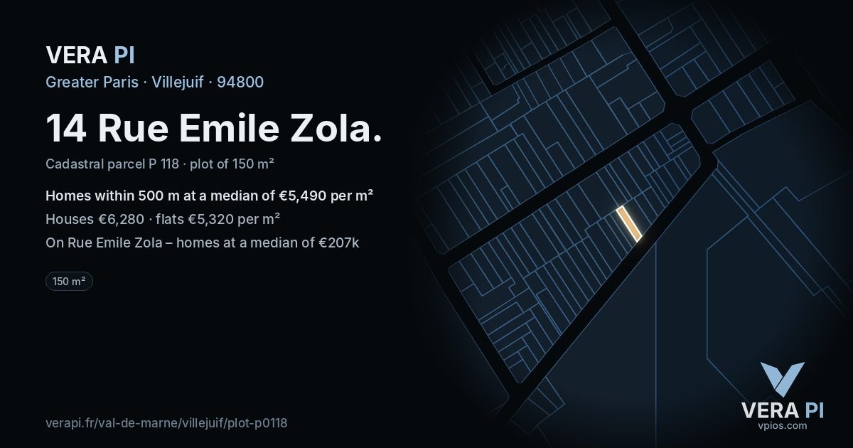 14 Rue Emile Zola, Villejuif at night – the plot lit, the parcels around coloured by the prices near them