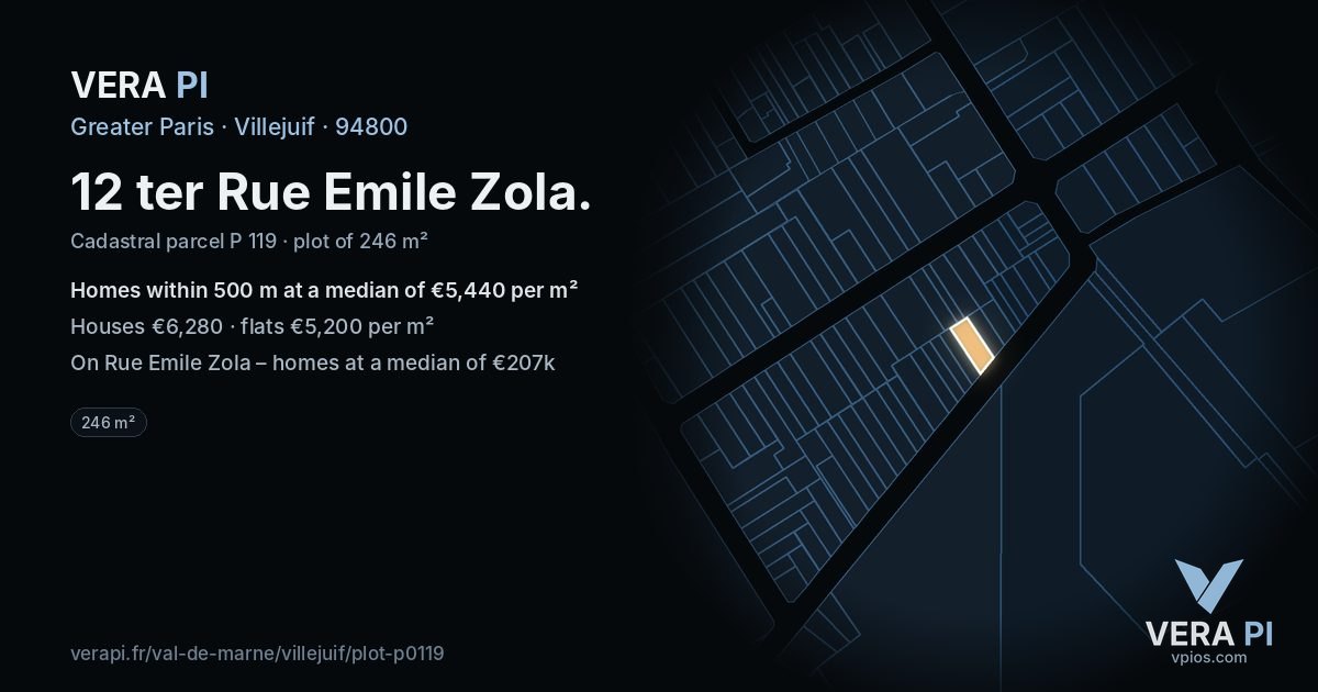 12 ter Rue Emile Zola, Villejuif at night – the plot lit, the parcels around coloured by the prices near them