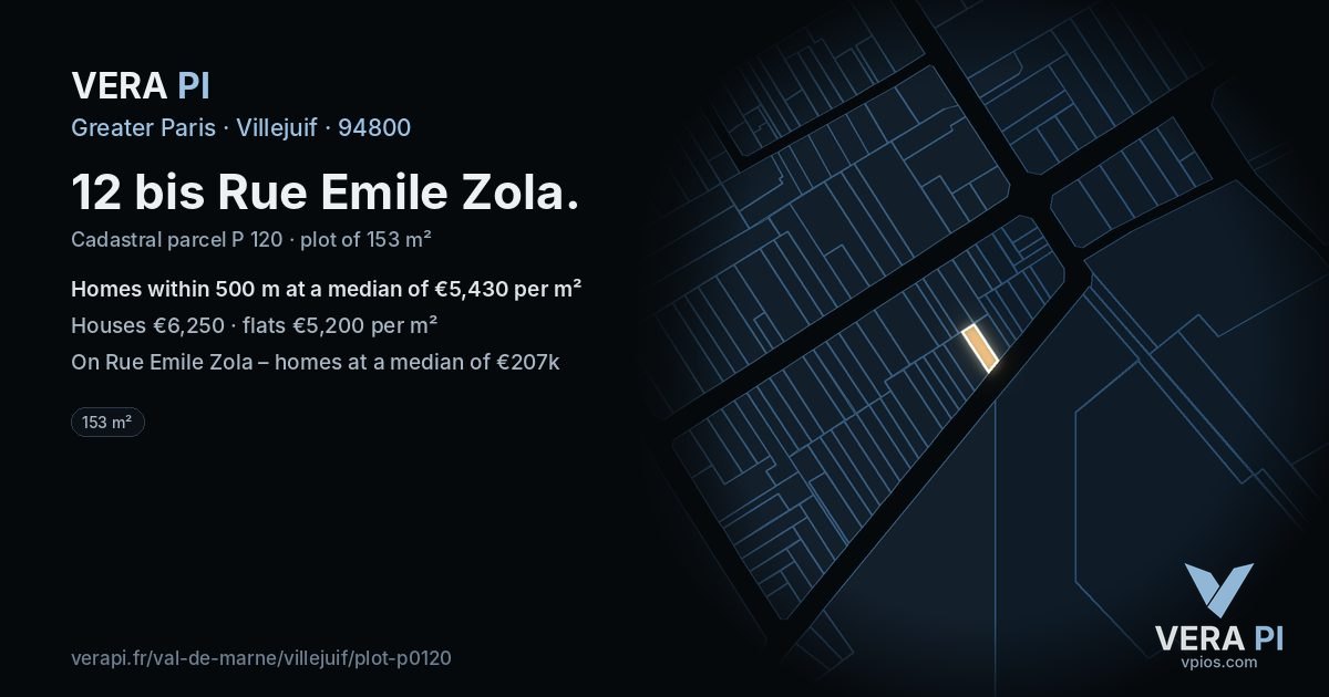 12 bis Rue Emile Zola, Villejuif at night – the plot lit, the parcels around coloured by the prices near them