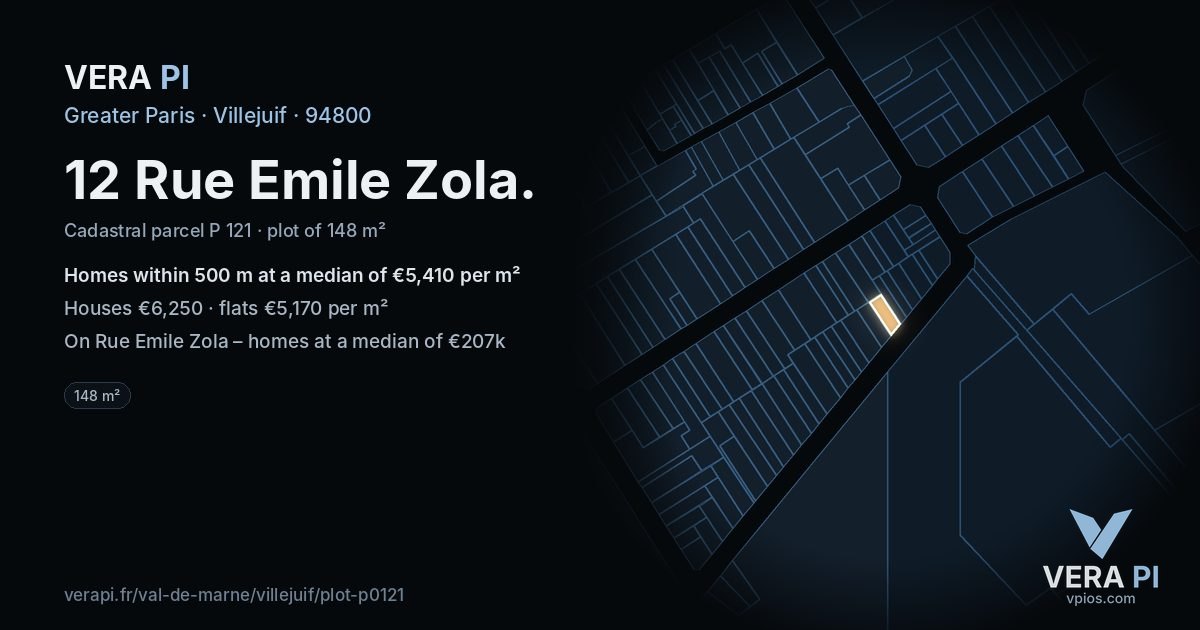 12 Rue Emile Zola, Villejuif at night – the plot lit, the parcels around coloured by the prices near them