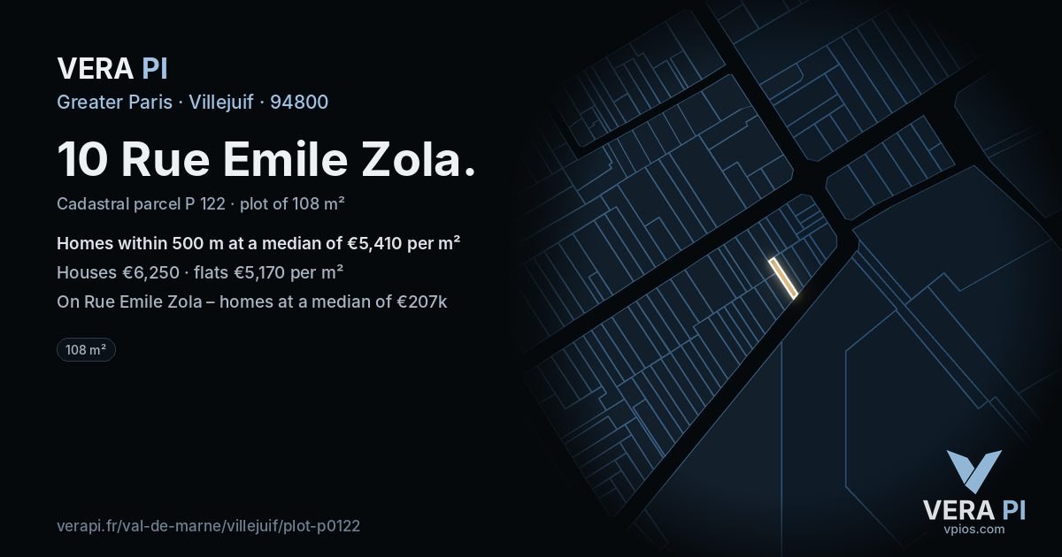 10 Rue Emile Zola, Villejuif at night – the plot lit, the parcels around coloured by the prices near them