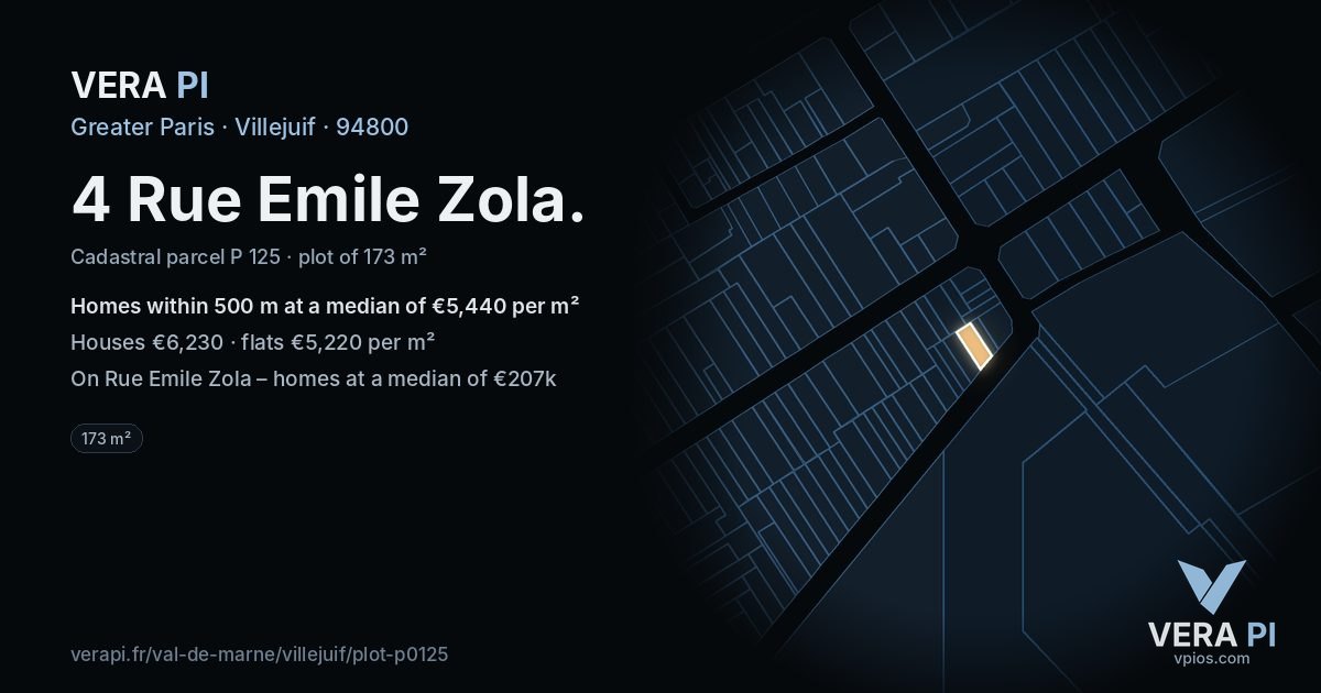 4 Rue Emile Zola, Villejuif at night – the plot lit, the parcels around coloured by the prices near them