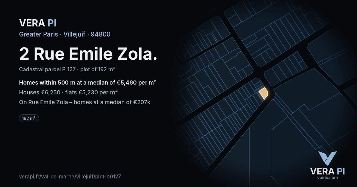 2 Rue Emile Zola, Villejuif at night – the plot lit, the parcels around coloured by the prices near them