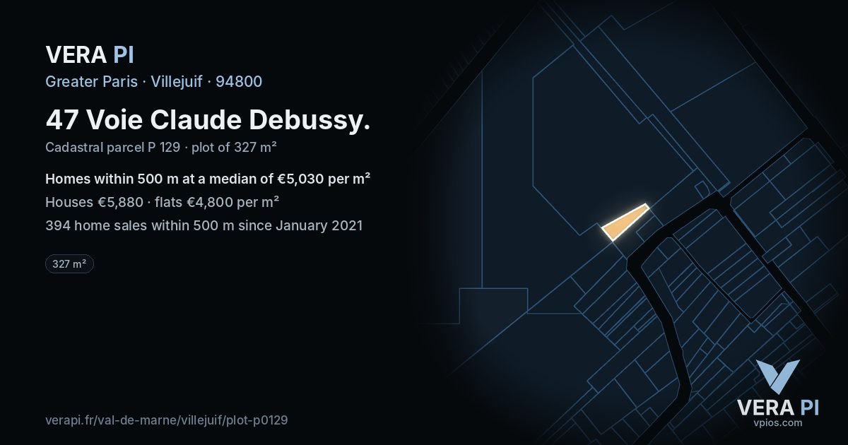 47 Voie Claude Debussy, Villejuif at night – the plot lit, the parcels around coloured by the prices near them