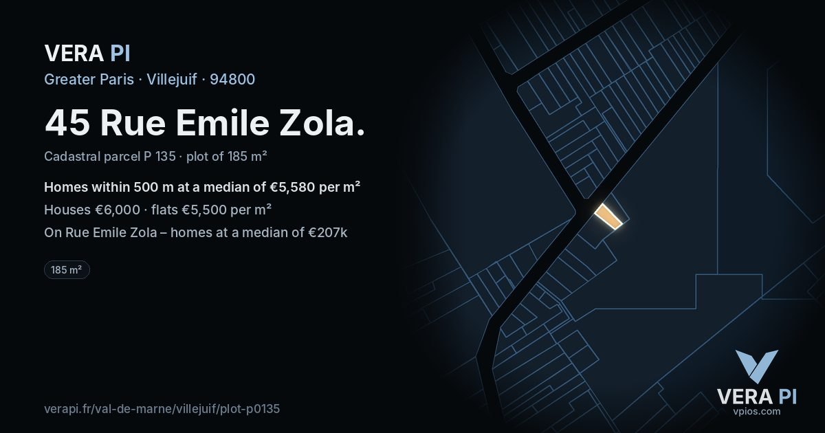 45 Rue Emile Zola, Villejuif at night – the plot lit, the parcels around coloured by the prices near them