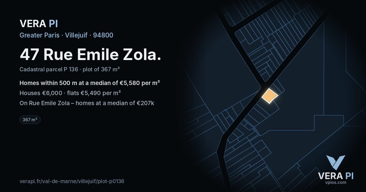 47 Rue Emile Zola, Villejuif at night – the plot lit, the parcels around coloured by the prices near them