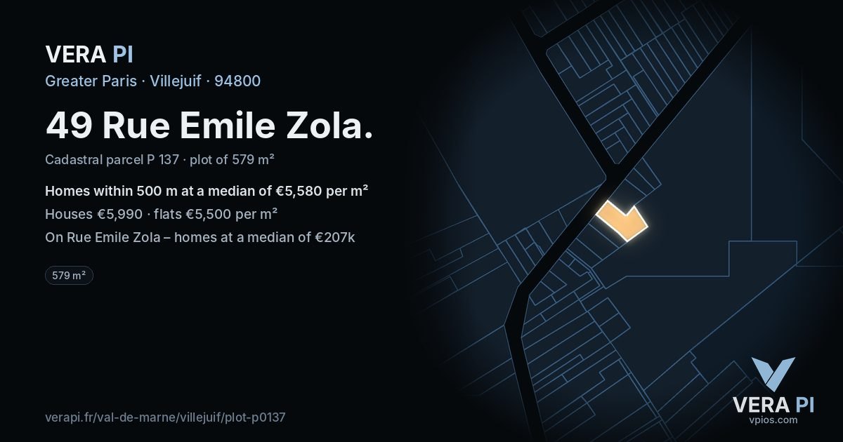 49 Rue Emile Zola, Villejuif at night – the plot lit, the parcels around coloured by the prices near them