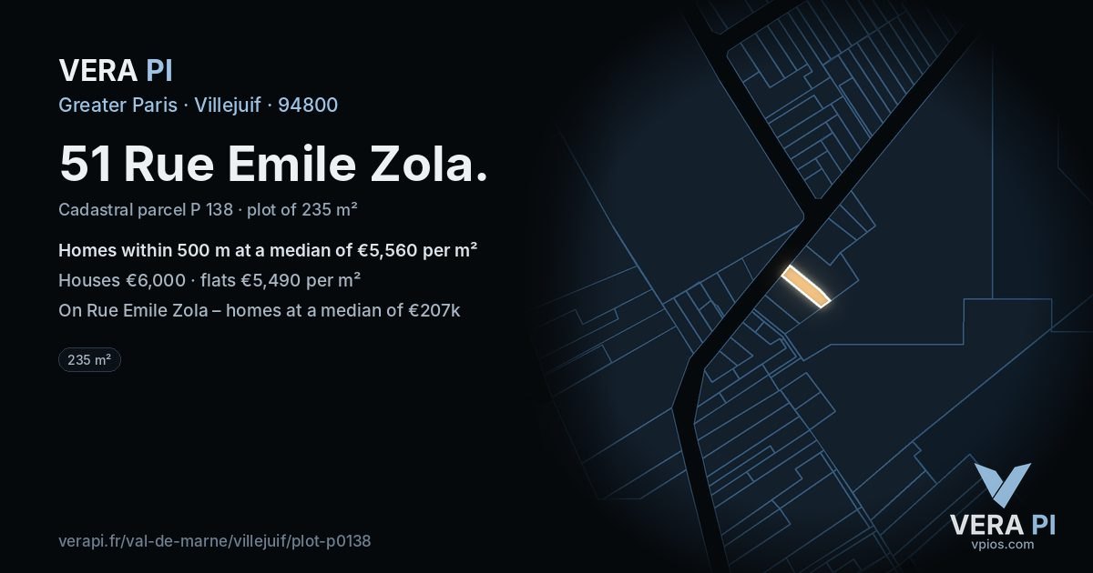 51 Rue Emile Zola, Villejuif at night – the plot lit, the parcels around coloured by the prices near them