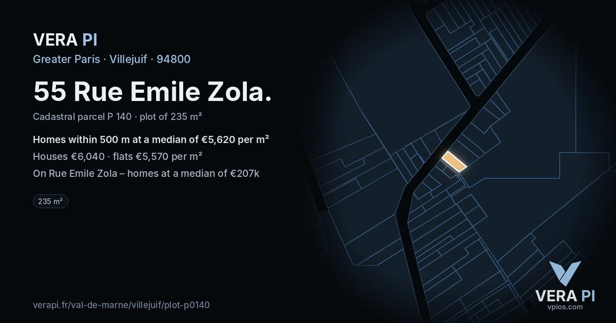 55 Rue Emile Zola, Villejuif at night – the plot lit, the parcels around coloured by the prices near them