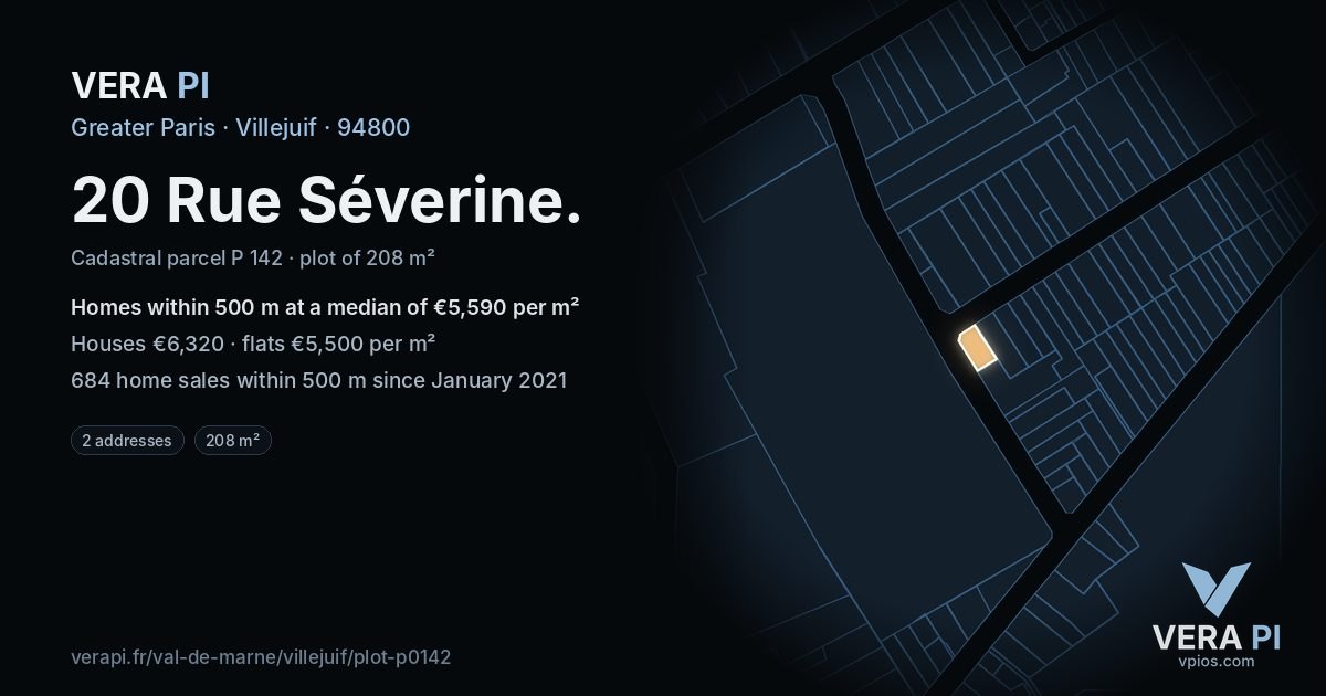 20 Rue Séverine, Villejuif at night – the plot lit, the parcels around coloured by the prices near them