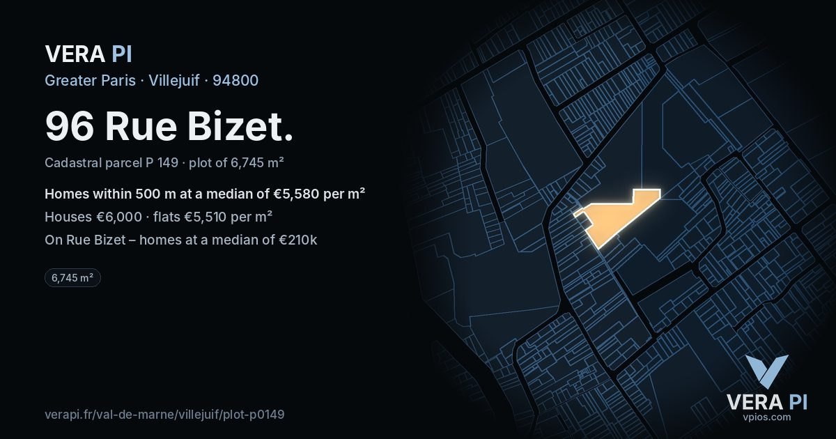 96 Rue Bizet, Villejuif at night – the plot lit, the parcels around coloured by the prices near them