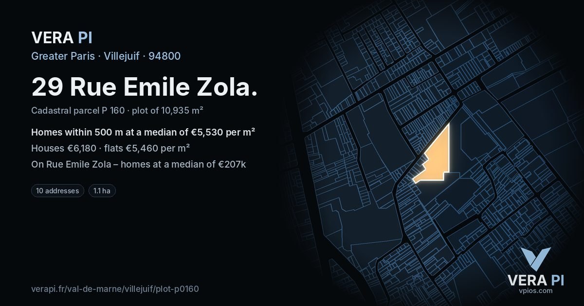 29 Rue Emile Zola, Villejuif at night – the plot lit, the parcels around coloured by the prices near them