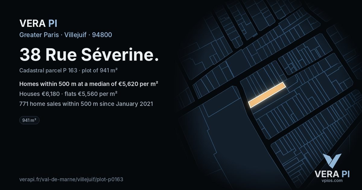 38 Rue Séverine, Villejuif at night – the plot lit, the parcels around coloured by the prices near them