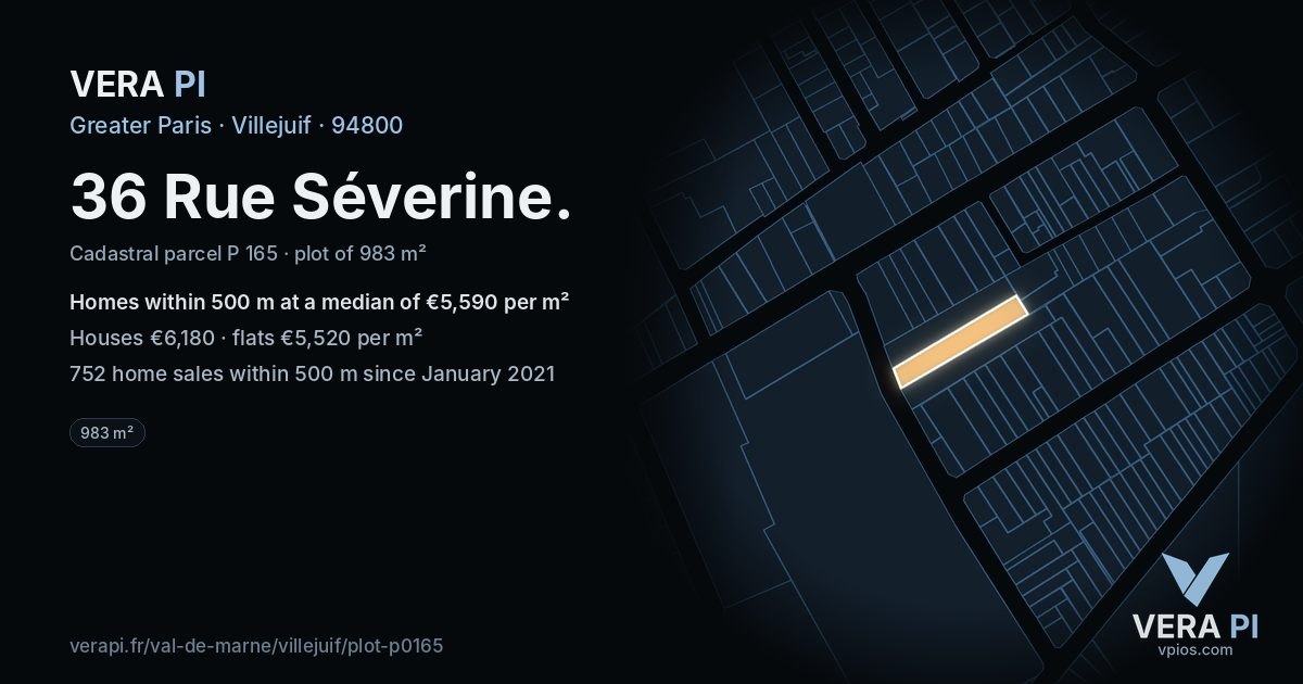 36 Rue Séverine, Villejuif at night – the plot lit, the parcels around coloured by the prices near them