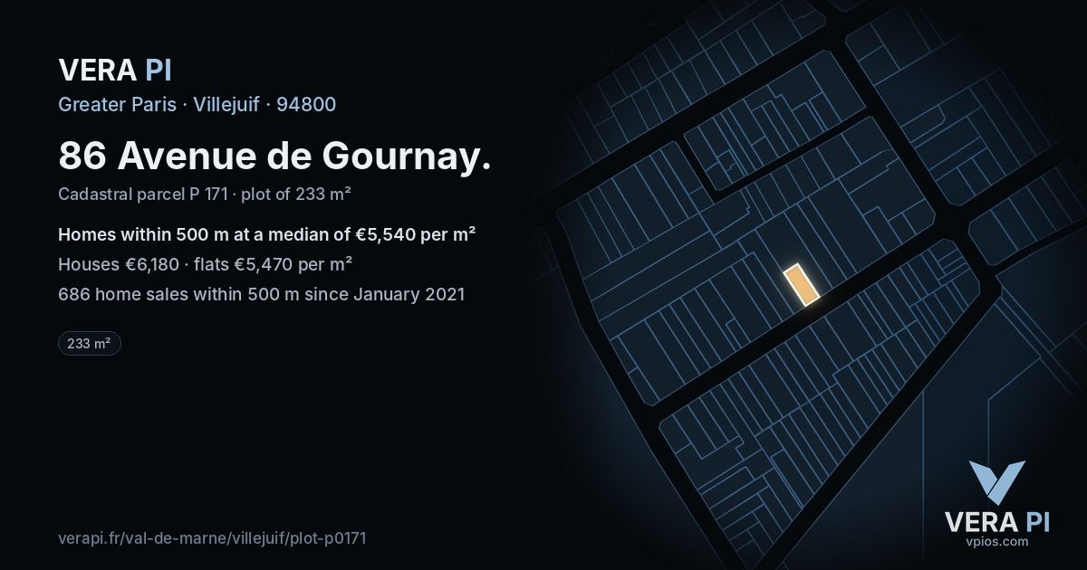86 Avenue de Gournay, Villejuif at night – the plot lit, the parcels around coloured by the prices near them