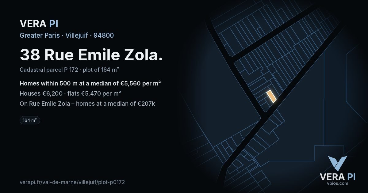 38 Rue Emile Zola, Villejuif at night – the plot lit, the parcels around coloured by the prices near them