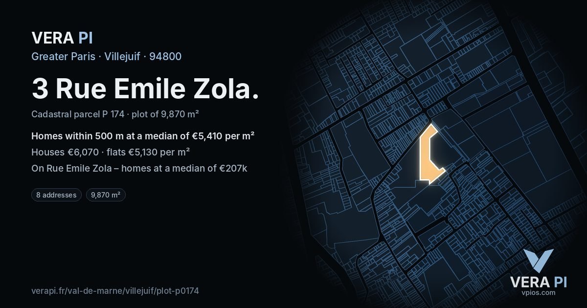 3 Rue Emile Zola, Villejuif at night – the plot lit, the parcels around coloured by the prices near them