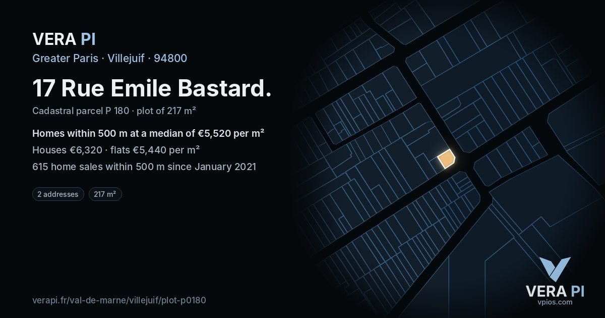 17 Rue Emile Bastard, Villejuif at night – the plot lit, the parcels around coloured by the prices near them