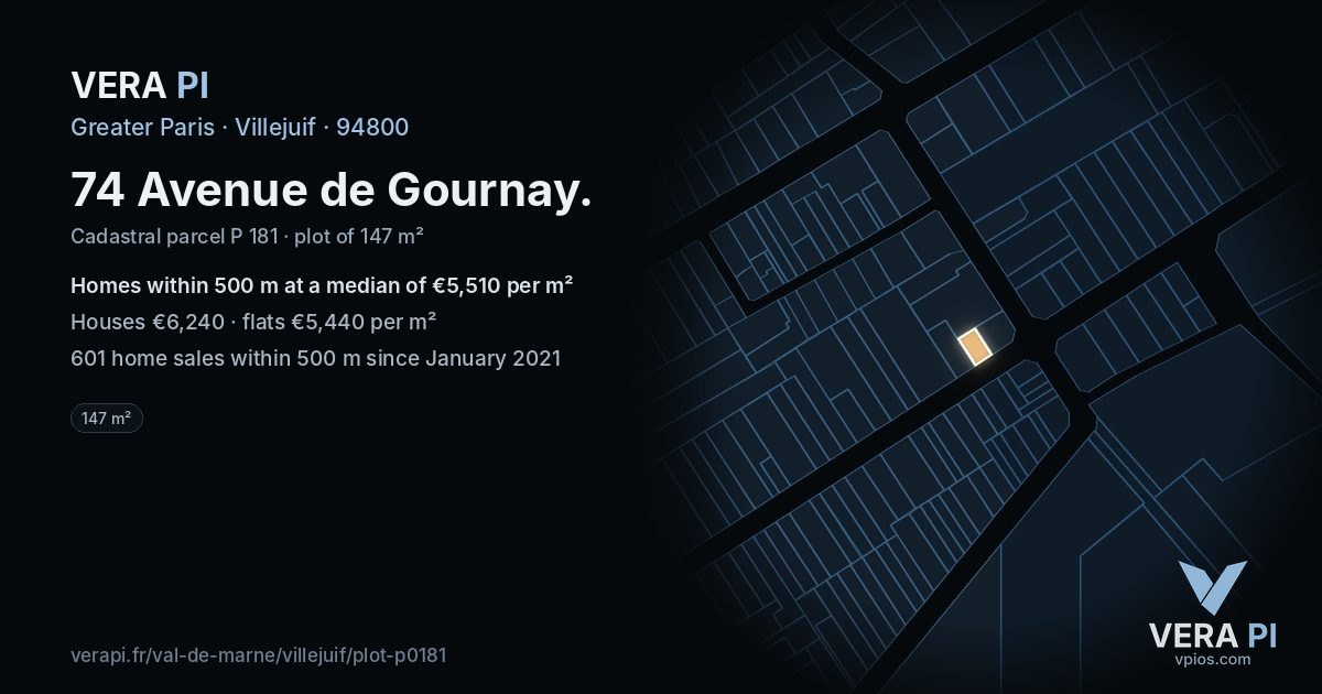 74 Avenue de Gournay, Villejuif at night – the plot lit, the parcels around coloured by the prices near them