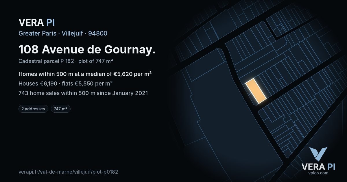 108 Avenue de Gournay, Villejuif at night – the plot lit, the parcels around coloured by the prices near them