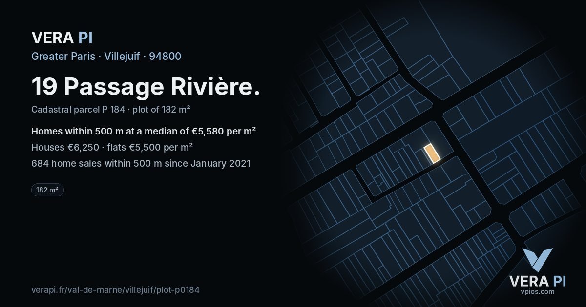 19 Passage Rivière, Villejuif at night – the plot lit, the parcels around coloured by the prices near them