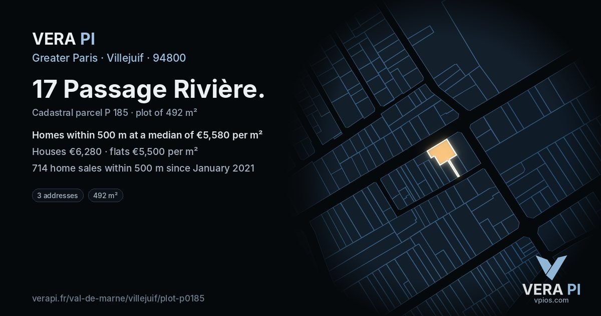 17 Passage Rivière, Villejuif at night – the plot lit, the parcels around coloured by the prices near them