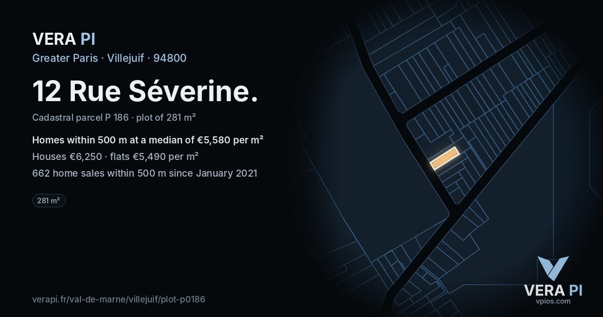 12 Rue Séverine, Villejuif at night – the plot lit, the parcels around coloured by the prices near them