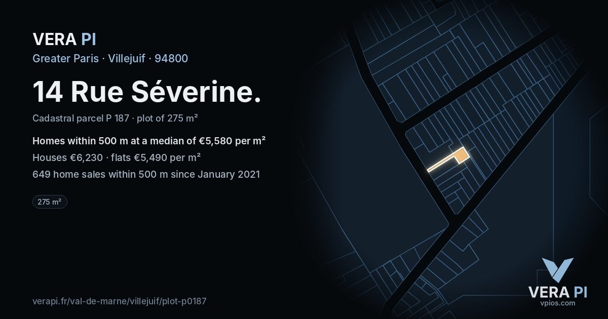 14 Rue Séverine, Villejuif at night – the plot lit, the parcels around coloured by the prices near them