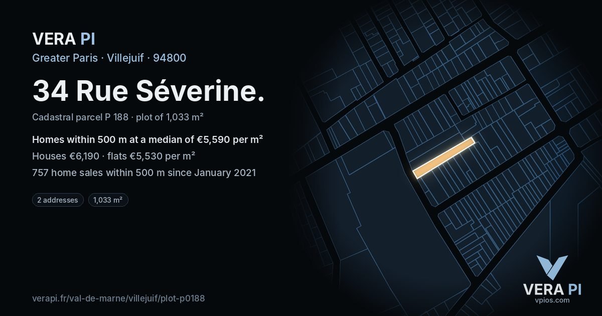 34 Rue Séverine, Villejuif at night – the plot lit, the parcels around coloured by the prices near them