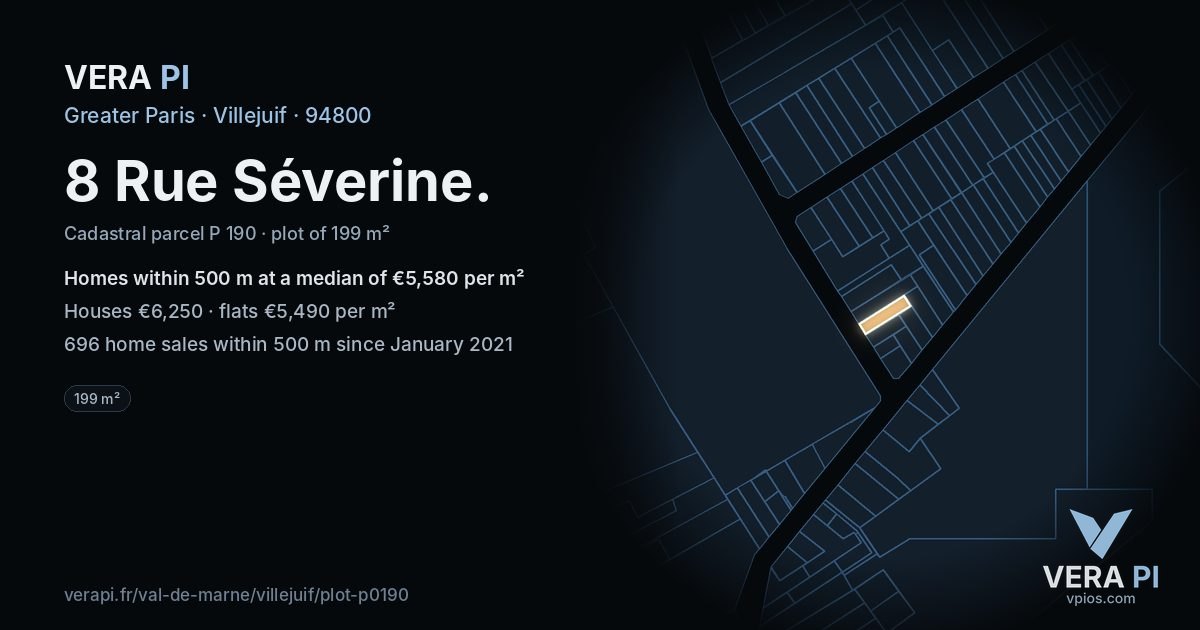 8 Rue Séverine, Villejuif at night – the plot lit, the parcels around coloured by the prices near them