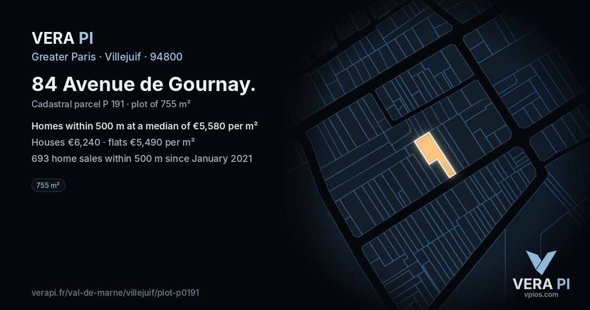 84 Avenue de Gournay, Villejuif at night – the plot lit, the parcels around coloured by the prices near them