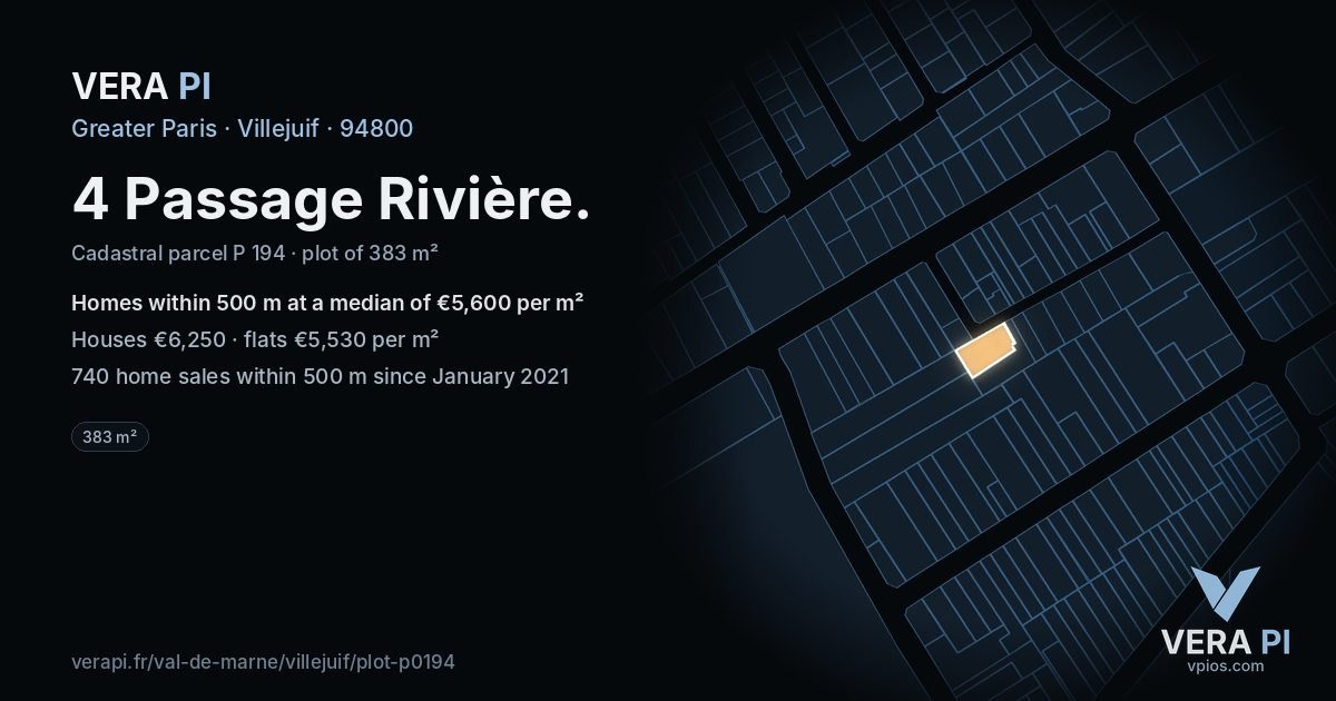 4 Passage Rivière, Villejuif at night – the plot lit, the parcels around coloured by the prices near them