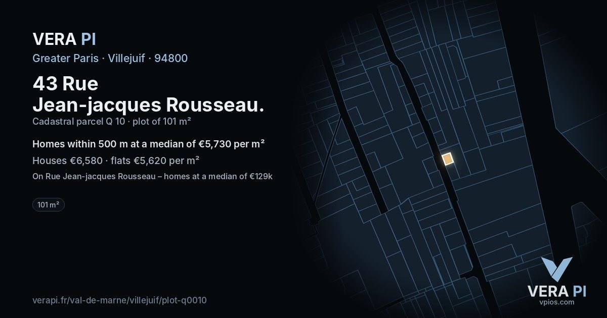 43 Rue Jean-jacques Rousseau, Villejuif at night – the plot lit, the parcels around coloured by the prices near them