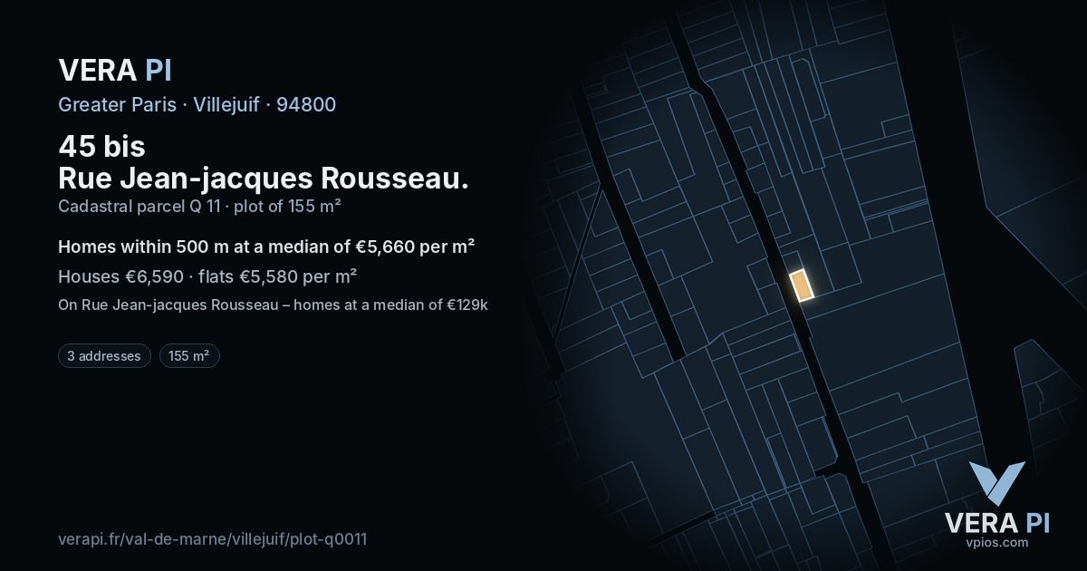 45 bis Rue Jean-jacques Rousseau, Villejuif at night – the plot lit, the parcels around coloured by the prices near them