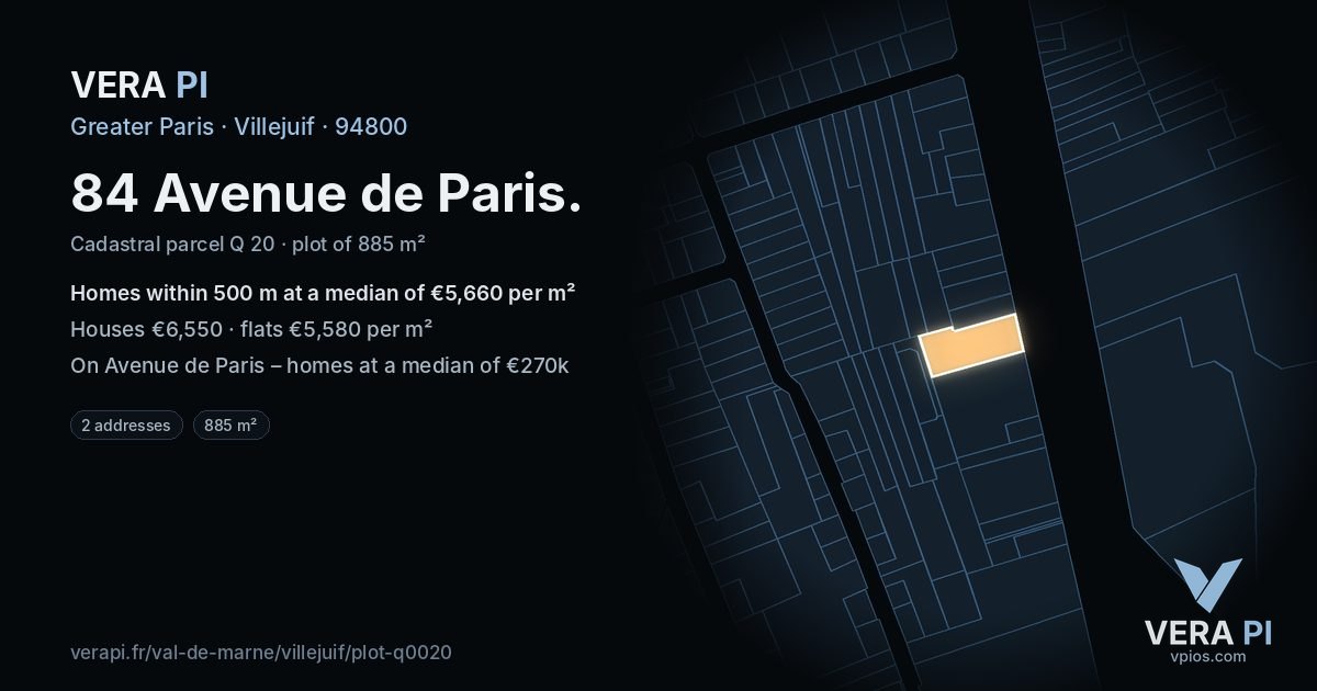 84 Avenue de Paris, Villejuif at night – the plot lit, the parcels around coloured by the prices near them