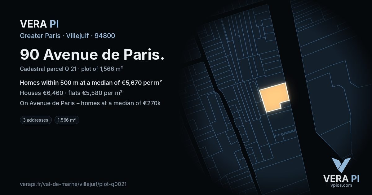 90 Avenue de Paris, Villejuif at night – the plot lit, the parcels around coloured by the prices near them