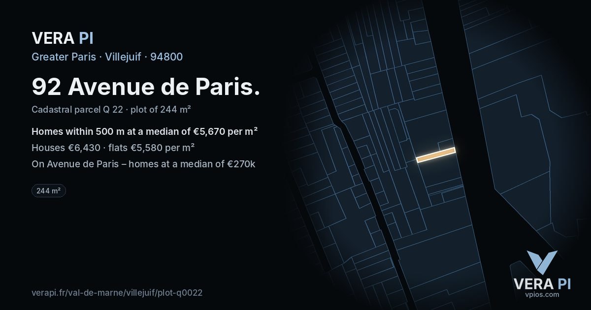92 Avenue de Paris, Villejuif at night – the plot lit, the parcels around coloured by the prices near them