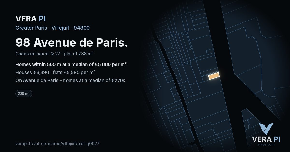 98 Avenue de Paris, Villejuif at night – the plot lit, the parcels around coloured by the prices near them