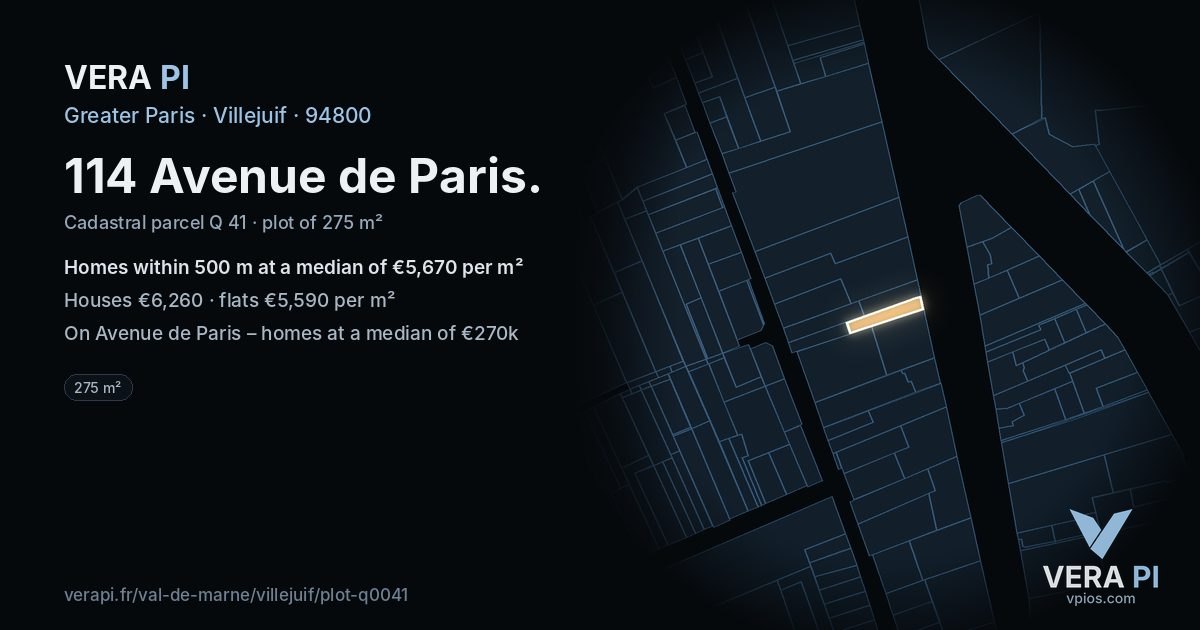 114 Avenue de Paris, Villejuif at night – the plot lit, the parcels around coloured by the prices near them
