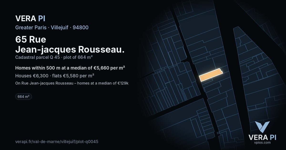65 Rue Jean-jacques Rousseau, Villejuif at night – the plot lit, the parcels around coloured by the prices near them