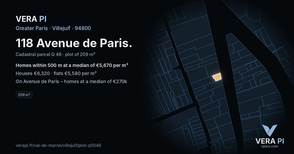118 Avenue de Paris, Villejuif at night – the plot lit, the parcels around coloured by the prices near them
