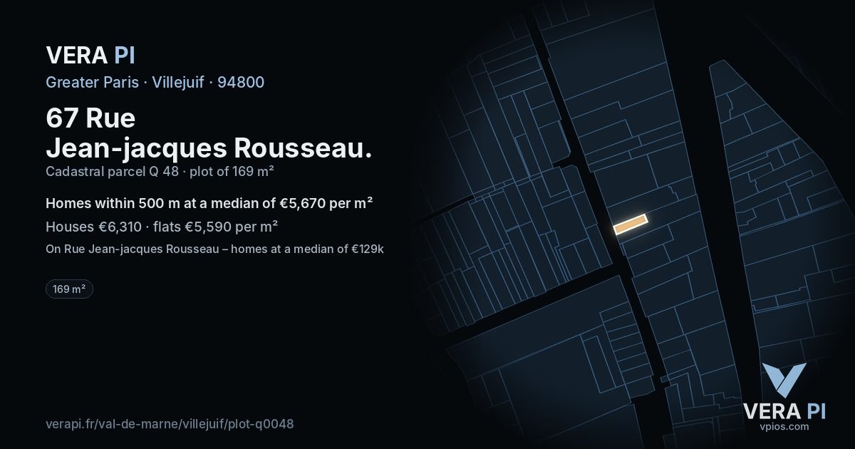 67 Rue Jean-jacques Rousseau, Villejuif at night – the plot lit, the parcels around coloured by the prices near them