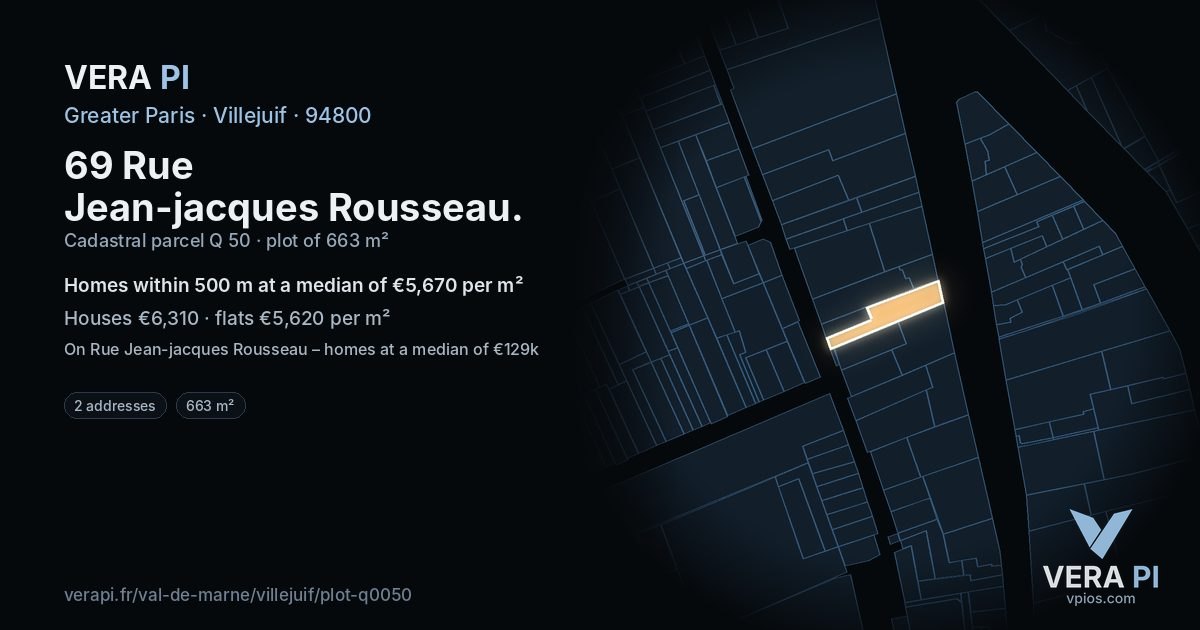69 Rue Jean-jacques Rousseau, Villejuif at night – the plot lit, the parcels around coloured by the prices near them