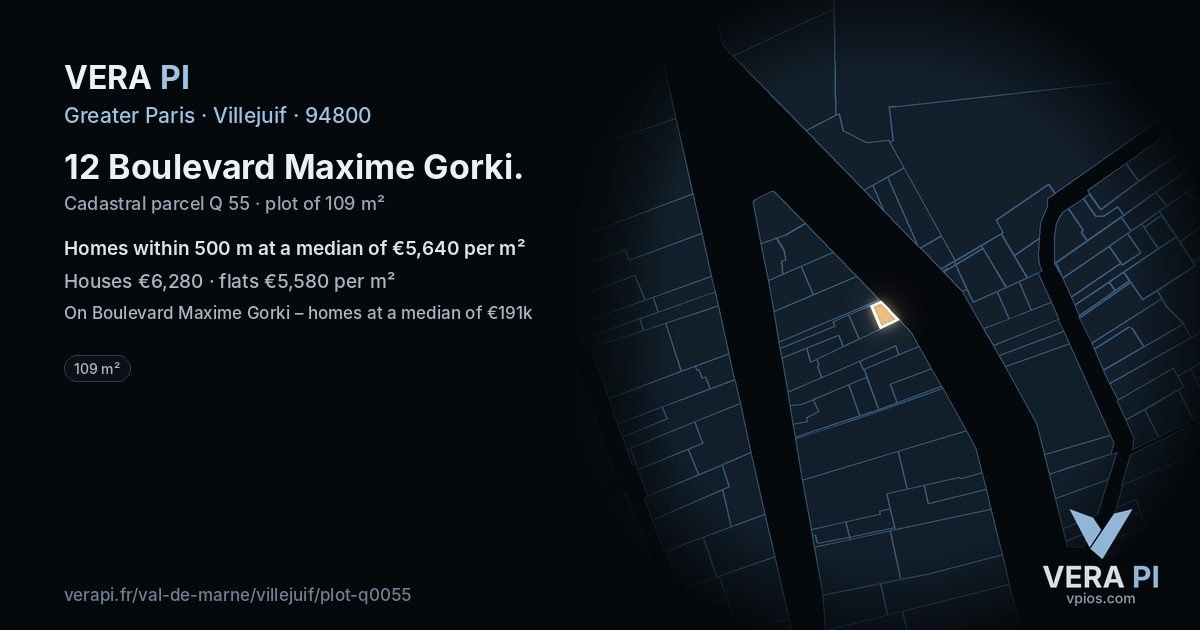 12 Boulevard Maxime Gorki, Villejuif at night – the plot lit, the parcels around coloured by the prices near them