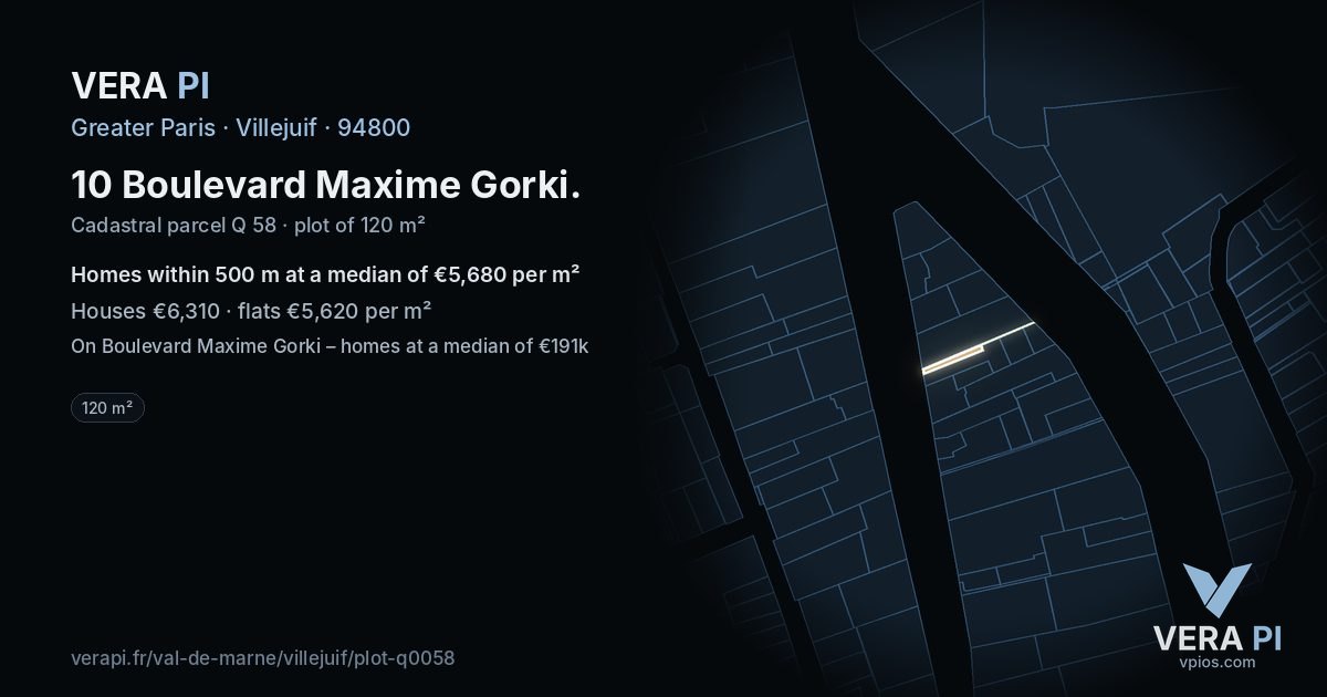 10 Boulevard Maxime Gorki, Villejuif at night – the plot lit, the parcels around coloured by the prices near them