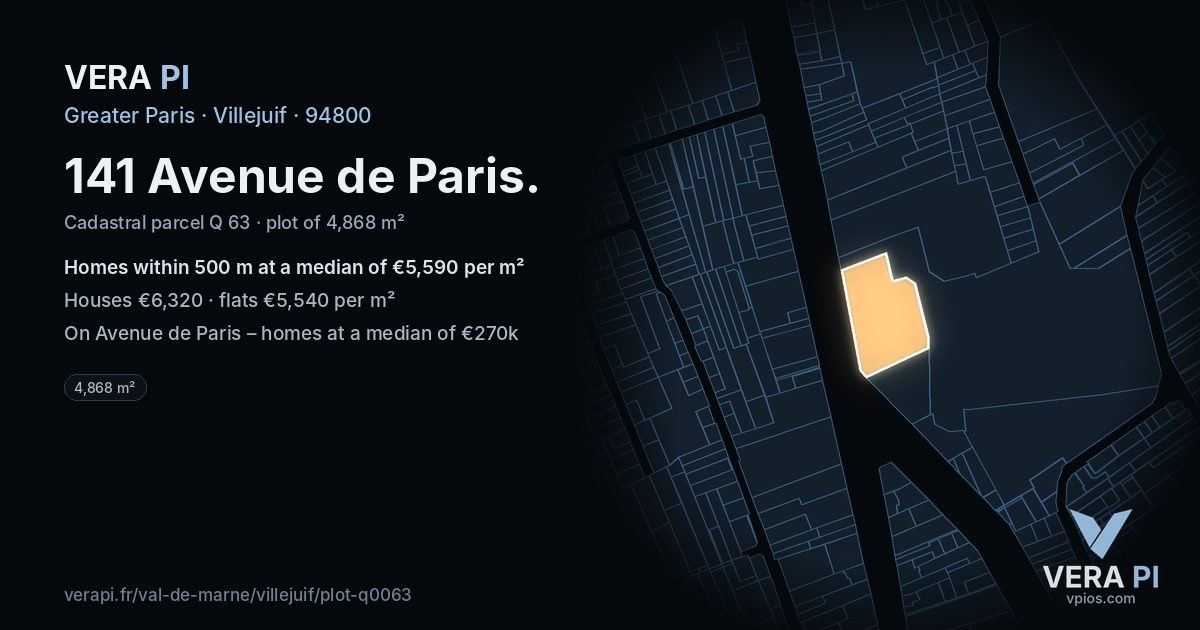 141 Avenue de Paris, Villejuif at night – the plot lit, the parcels around coloured by the prices near them