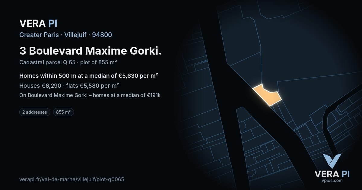 3 Boulevard Maxime Gorki, Villejuif at night – the plot lit, the parcels around coloured by the prices near them